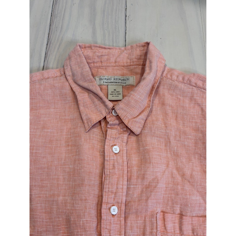 Island Republic Mens XL Salmon Pink 100% Linen Micro Check Button Down Shirt
